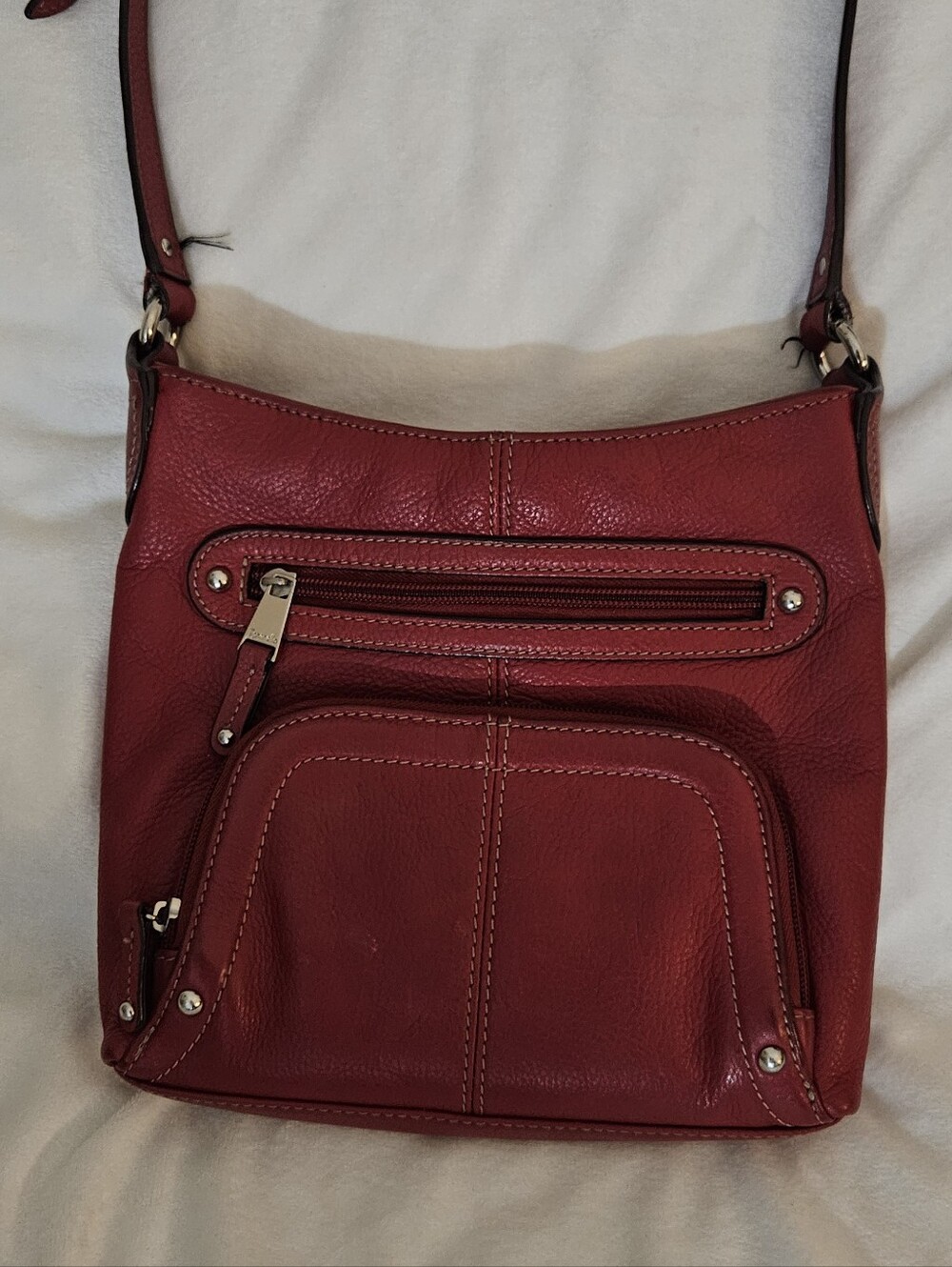 Tignanello Red Leather Crossbody with Front Zip Pockets